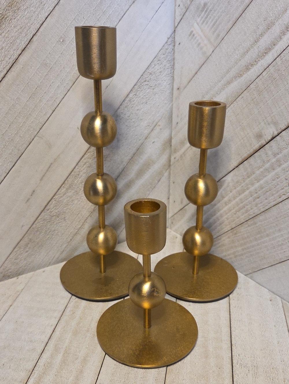 3 Piece Set Of Tiered Set Of Gold Candlestick Holders Round Ball Style